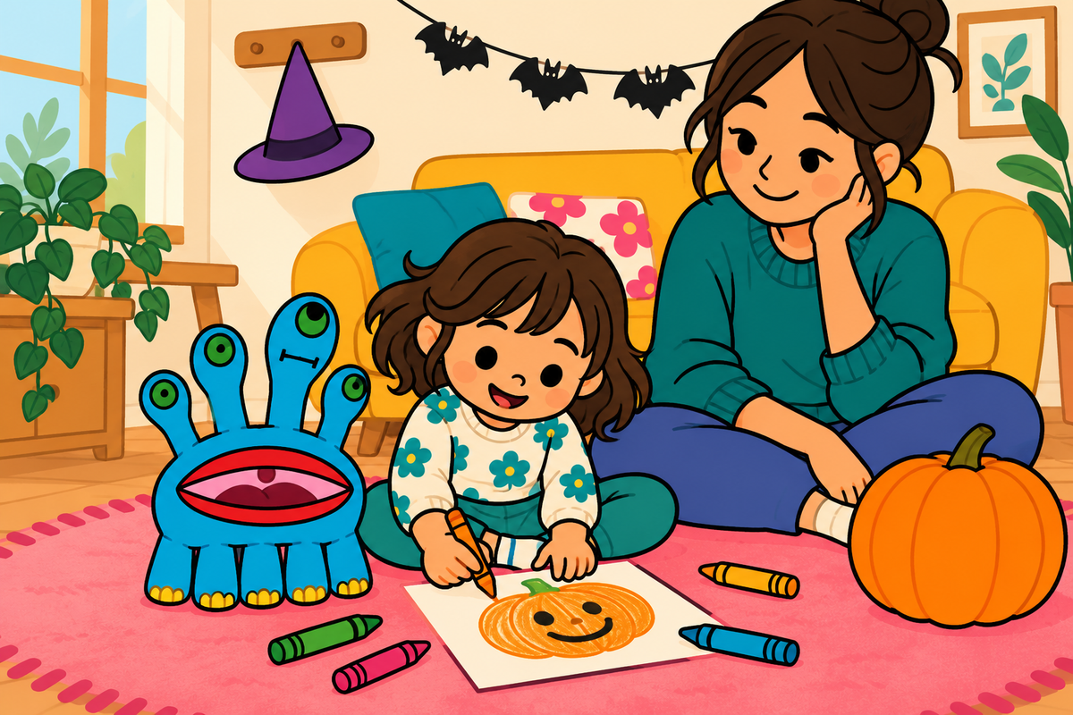 A child draws a smiling pumpkin beside Darlene the blue Schnerd plush while a caregiver sits nearby in a gently decorated Halloween living room.