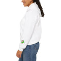 Side view of the white JimBob Schnerd hoodie with sleeve artwork