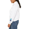 White Darlene Schnerd Hoodie, worn by a model, side view showing sleeve artwork