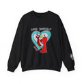 Black Love Yourself Schnerd Crewneck Sweatshirt, front view with character artwork and sleeve detail