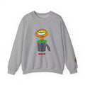 Gray Hobart Schnerd Crewneck Sweatshirt, front view with character artwork and sleeve detail