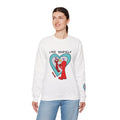 White Love Yourself Schnerd Crewneck Sweatshirt, worn by a second model, front view