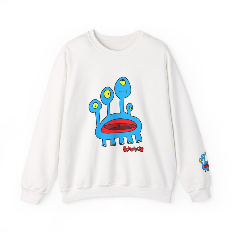White Darlene Schnerd Crewneck Sweatshirt, front view with character artwork and sleeve detail