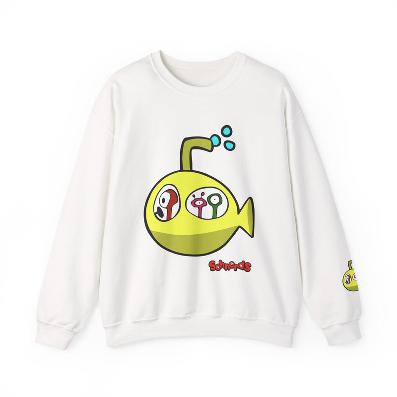 White Juniper Schnerd crewneck sweatshirt with yellow Schnerdmarine artwork on the front and sleeve