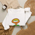 White Hobart Schnerd Crewneck Sweatshirt, styled on a table with the character print visible