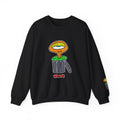 Black Hobart Schnerd Crewneck Sweatshirt, front view with character artwork and sleeve detail