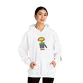 Model wearing the white Hobart Schnerd hoodie with pouch pocket