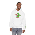 Model wearing the white JimBob Schnerd hoodie, front view