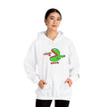 Model wearing the white JimBob Schnerd hoodie with pouch pocket