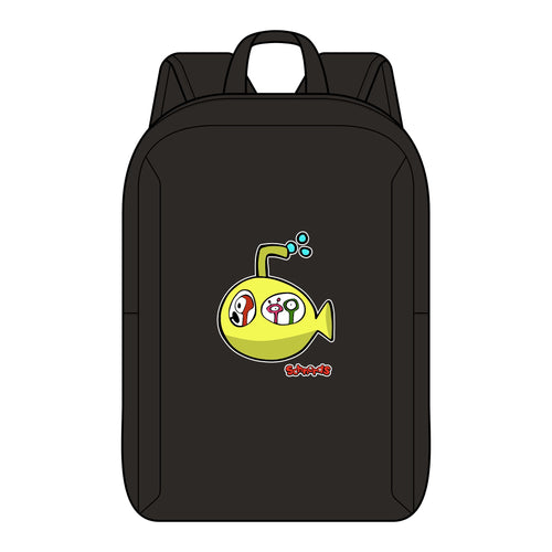 Black Juniper Schnerd Backpack, front view featuring Juniper, the yellow Schnerdmarine submarine character.