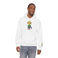 Model wearing the white Hobart Schnerd hoodie, front view