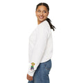 White Hobart Schnerd Crewneck Sweatshirt, worn by a model, side view showing sleeve artwork