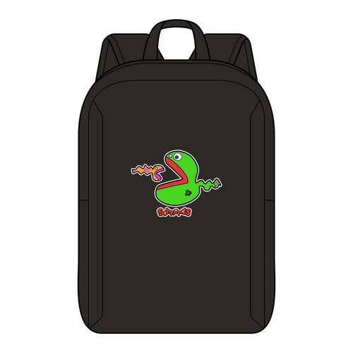 Black JimBob Schnerd Backpack, front view featuring JimBob, the green Schnerdfish character.