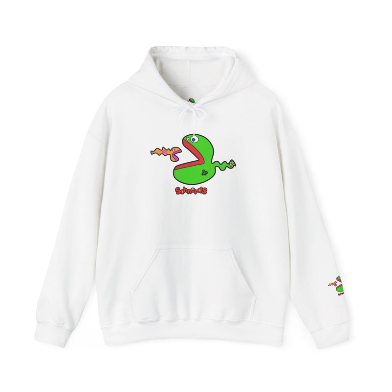 White JimBob Schnerd hoodie with character artwork on the front and sleeve