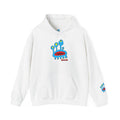 White Darlene Schnerd Hoodie, front view with character artwork and sleeve detail