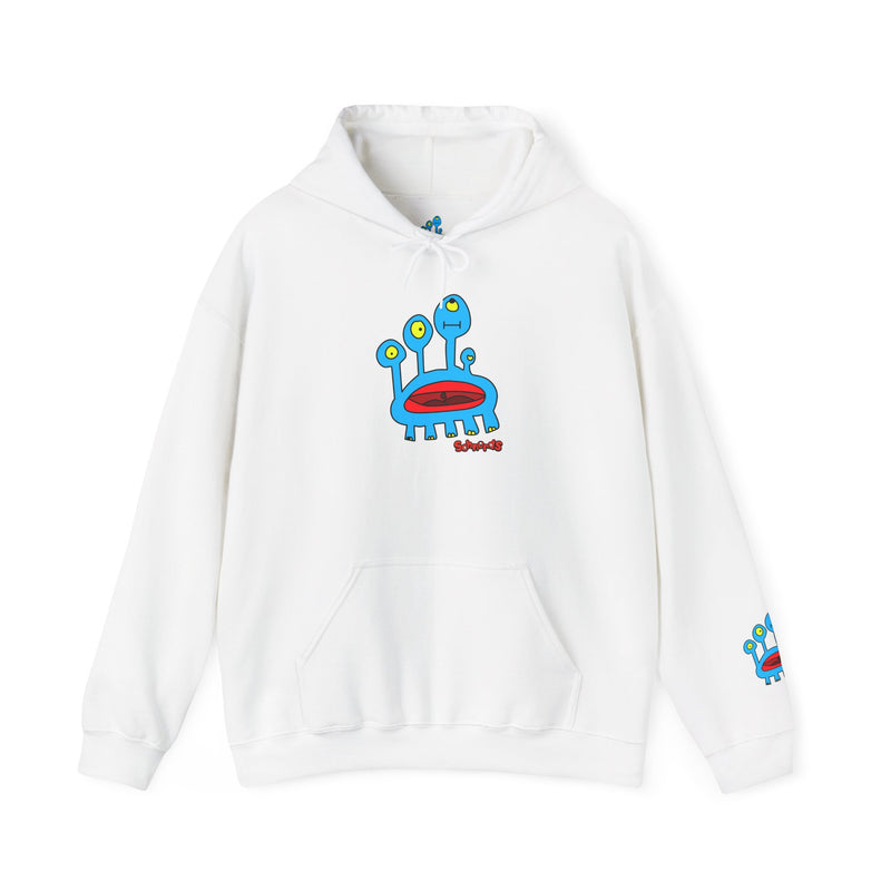 White Darlene Schnerd Hoodie, front view with character artwork and sleeve detail