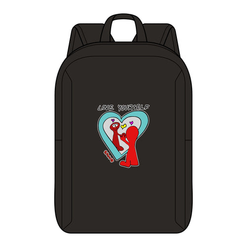 Love Yourself Schnerd backpack with a heart mirror character design and Love Yourself lettering
