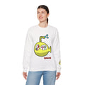 Model wearing the white Juniper Schnerd crewneck sweatshirt