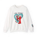 White Love Yourself Schnerd Crewneck Sweatshirt, front view with character artwork and sleeve detail