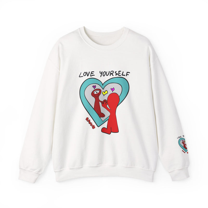White Love Yourself Schnerd Crewneck Sweatshirt, front view with character artwork and sleeve detail