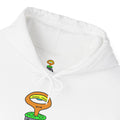 Close view of Hobart artwork and drawcord on the white Schnerds hoodie