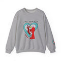 Gray Love Yourself Schnerd Crewneck Sweatshirt, front view with character artwork and sleeve detail