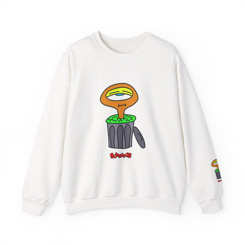 White Hobart Schnerd crewneck sweatshirt with character artwork on the front and sleeve