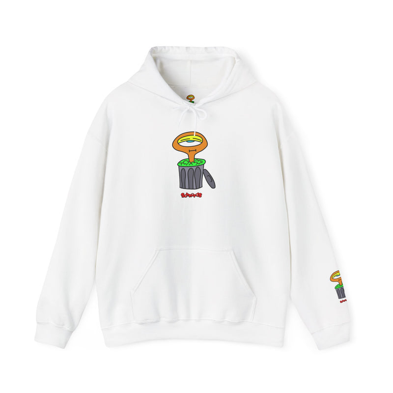 White Hobart Schnerd adult hoodie with character artwork on the front and sleeve