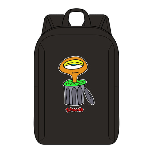 Black Hobart Schnerd Backpack, front view featuring Hobart, the orange Schnerd in a gray trash can.