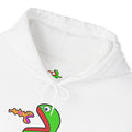 Close view of the white JimBob Schnerd hoodie character artwork and drawcord