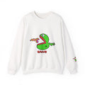 White JimBob Schnerd Crewneck Sweatshirt, front view with character artwork and sleeve detail