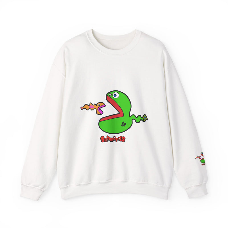 White JimBob Schnerd Crewneck Sweatshirt, front view with character artwork and sleeve detail