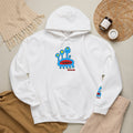 White Darlene Schnerd Hoodie, laid flat in a styled setting