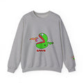 Gray JimBob Schnerd Crewneck Sweatshirt, front view with character artwork and sleeve detail