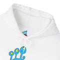 White Darlene Schnerd Hoodie, close view of the character print and drawstring hood