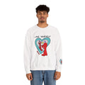 White Love Yourself Schnerd Crewneck Sweatshirt, worn by a model, front view
