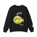 Black Juniper Schnerd crewneck sweatshirt with yellow Schnerdmarine artwork on the front and sleeve