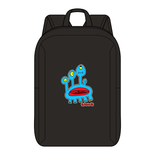 Black Darlene Schnerd Backpack, front view featuring Darlene, the blue Schnerd character.