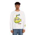 Model wearing the white Juniper Schnerd crewneck sweatshirt, front view