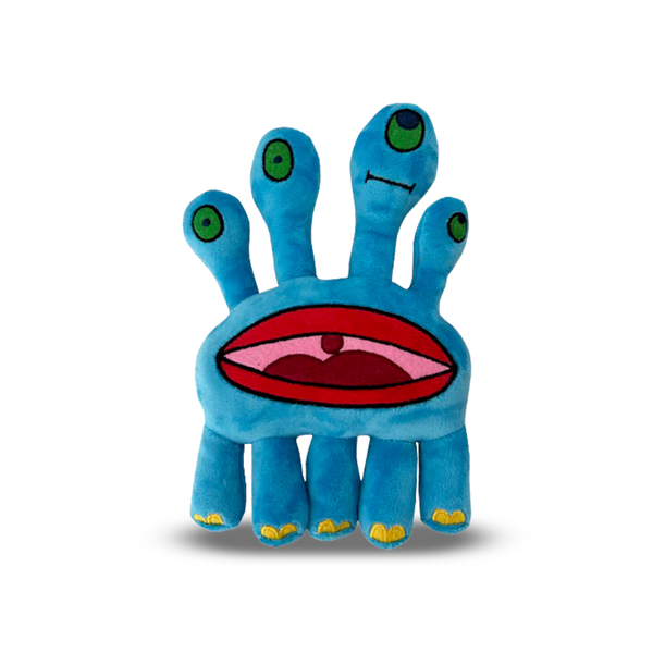 Darlene the blue Schnerd plush toy with four heads, five legs, and a wide red mouth.