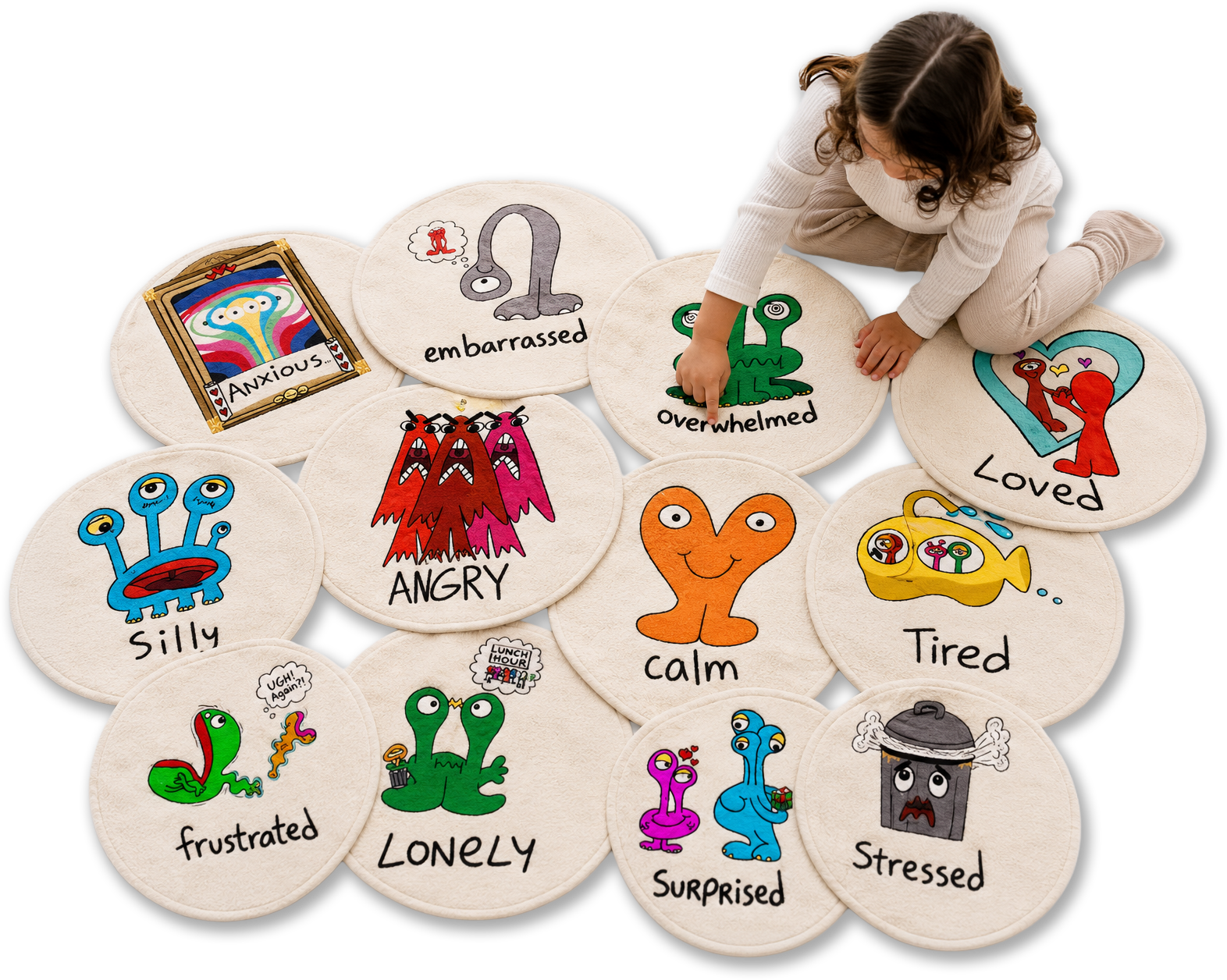 Wellness Mats laid out on the floor, with a kid pointing at the Overwhelmed mat