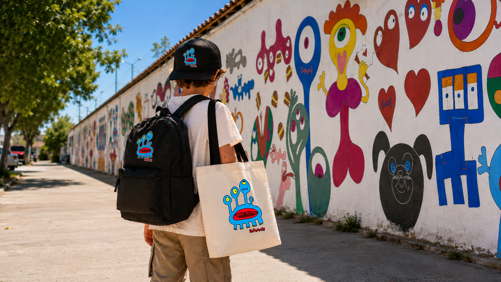 Kid wearing a Schnerds cap and backpack, and carrying a tote, in front of a Schnerds mural