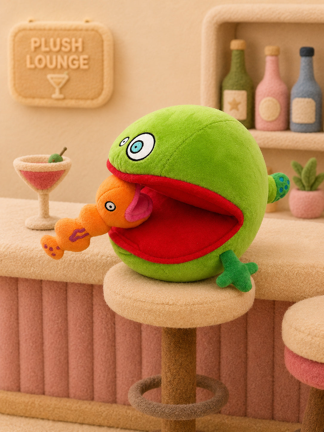 A Schnerd plush at a miniature bar scene, styled for grown-ups