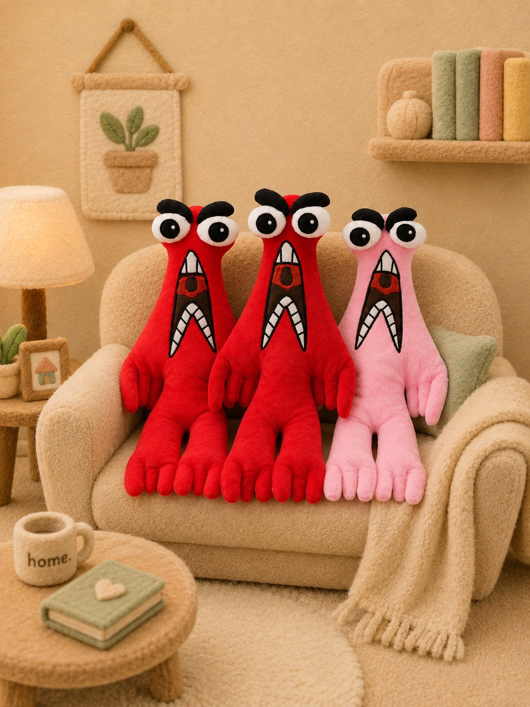 Three Schnerd plushes lined up on a living room couch at home