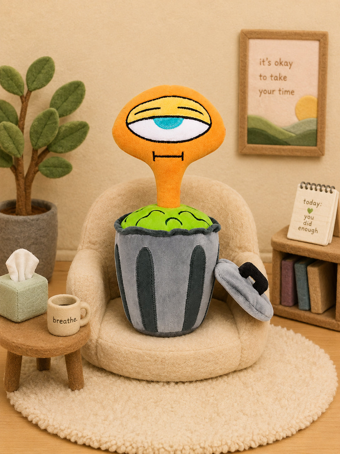 A Schnerd plush in a calming therapy-room armchair