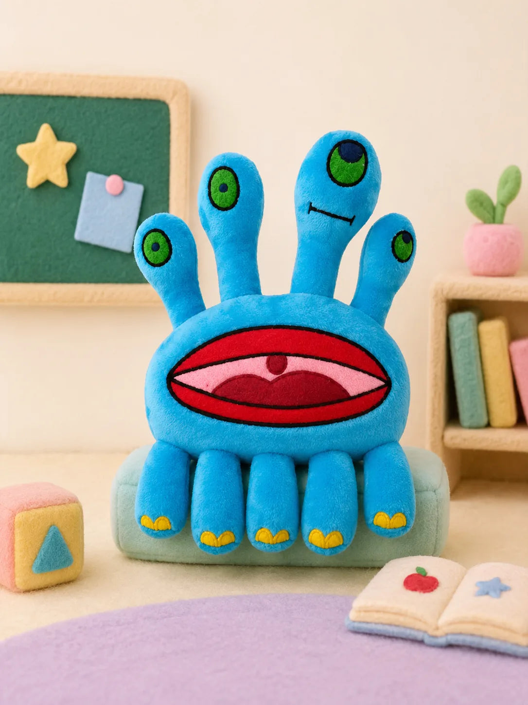 A Schnerd plush on a classroom shelf, next to a chalkboard and alphabet blocks