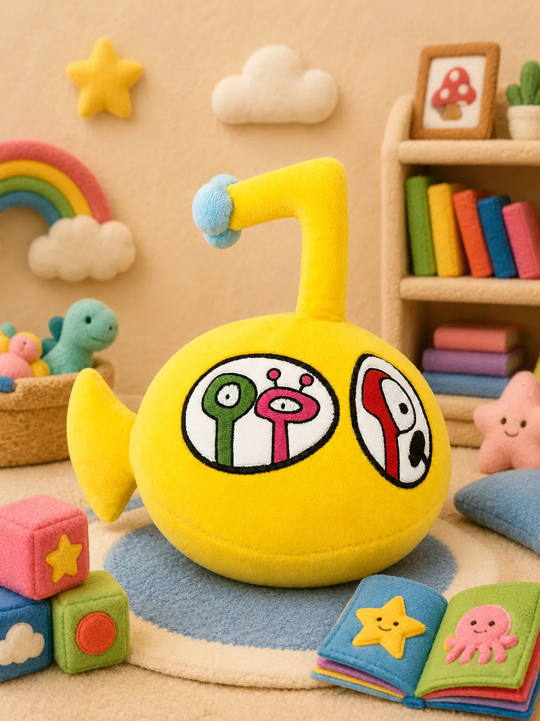 A Schnerd submarine plush on a colorful kids' room shelf