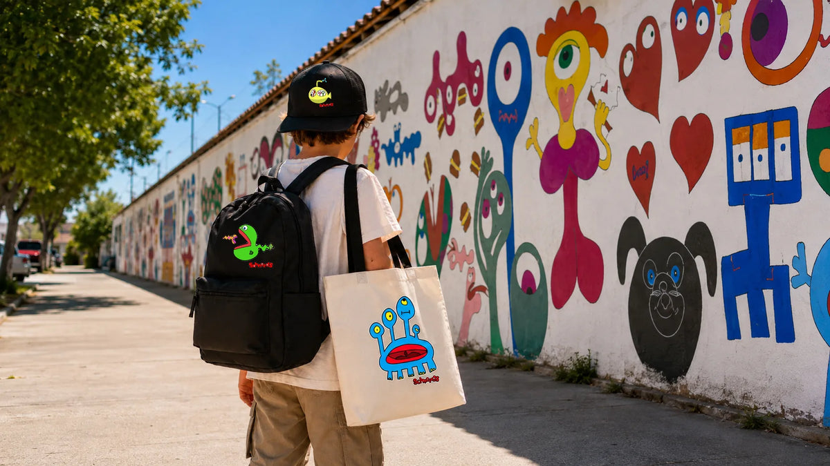 Kid wearing a Schnerds cap and backpack, and carrying a tote, in front of a Schnerds mural